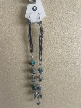 Beaded Teal & Black Multi-Strand 19”Necklace with Matching Earrings Set